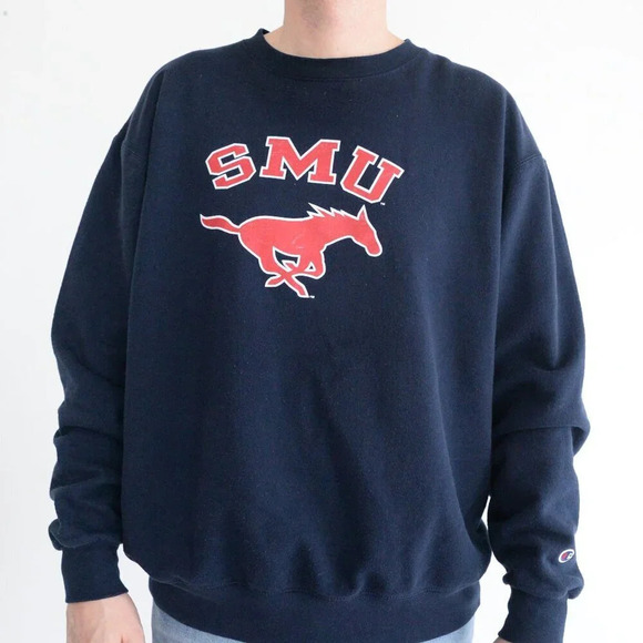 VTG Champion SMU Southern Methodist University Navy Boxy Fit Crew Neck Sweater L - Picture 2 of 11